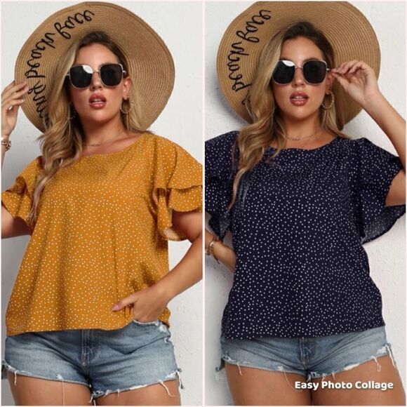 Navy flutter sleeve woven top with white polka dots (gold one sold) - Picture 1 of 14